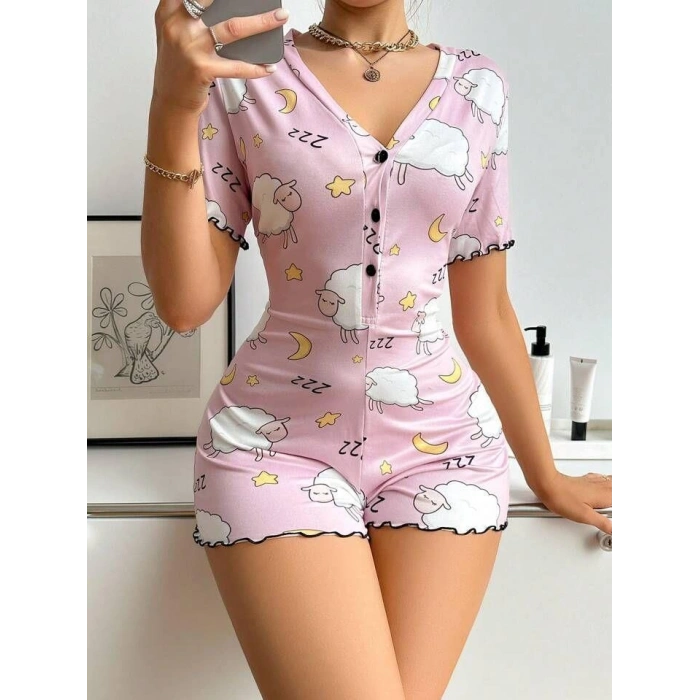 MARSiLYAN- Pamuklu Pembe Kuzu Desenli Düğmeli Uzun Kol Tulum Pijama