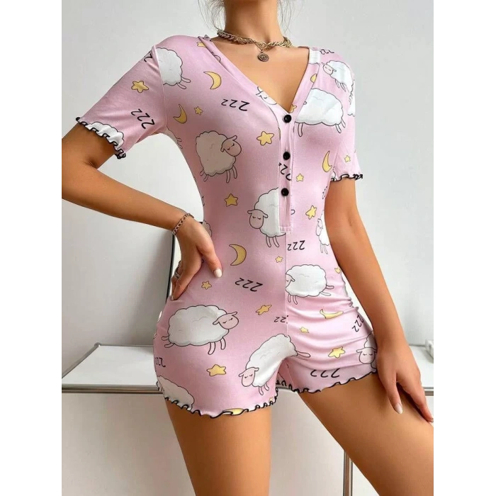 MARSiLYAN- Pamuklu Pembe Kuzu Desenli Düğmeli Uzun Kol Tulum Pijama