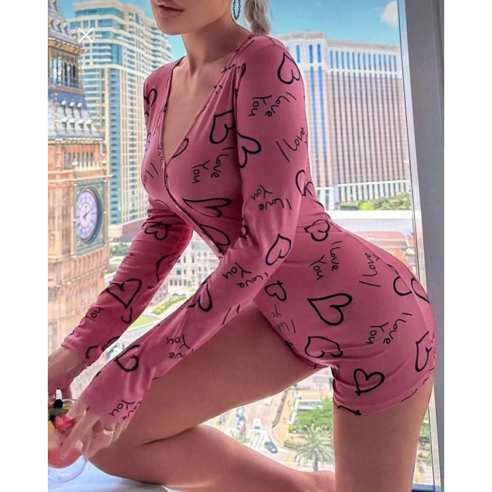 MARSiLYAN- Pamuklu Pembe Siyah Kalp Desenli Düğmeli Uzun Kol Tulum Pijama