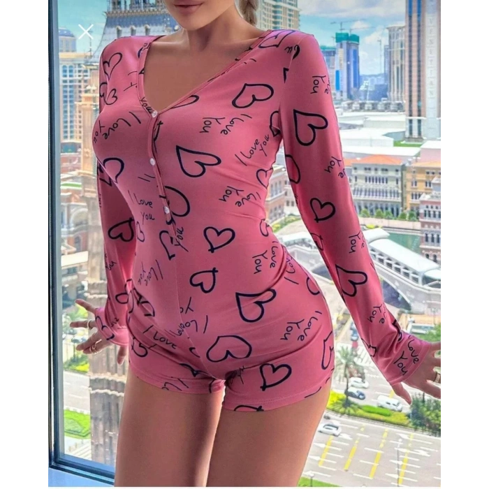 MARSiLYAN- Pamuklu Pembe Siyah Kalp Desenli Düğmeli Uzun Kol Tulum Pijama
