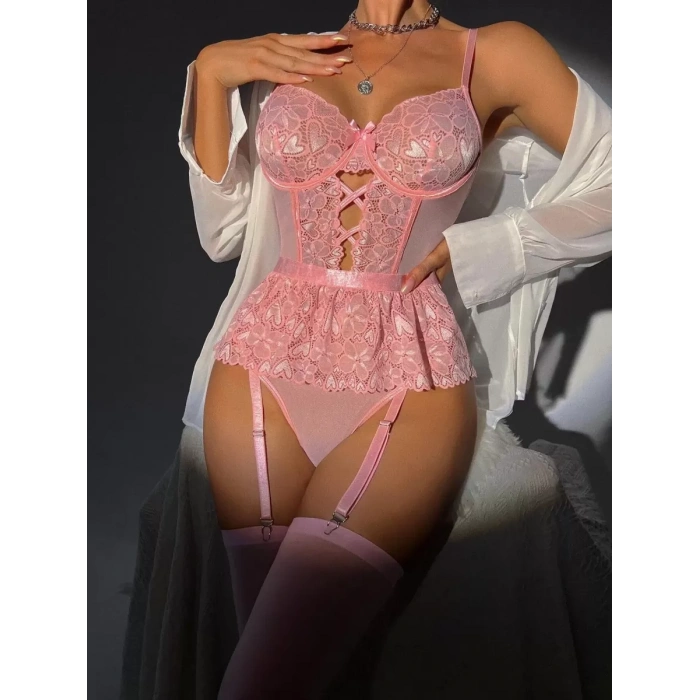 MARSiLYAN- Pembe Dantel İşlemeli Kalp Desenli Fantezi Jartiyer Takımı