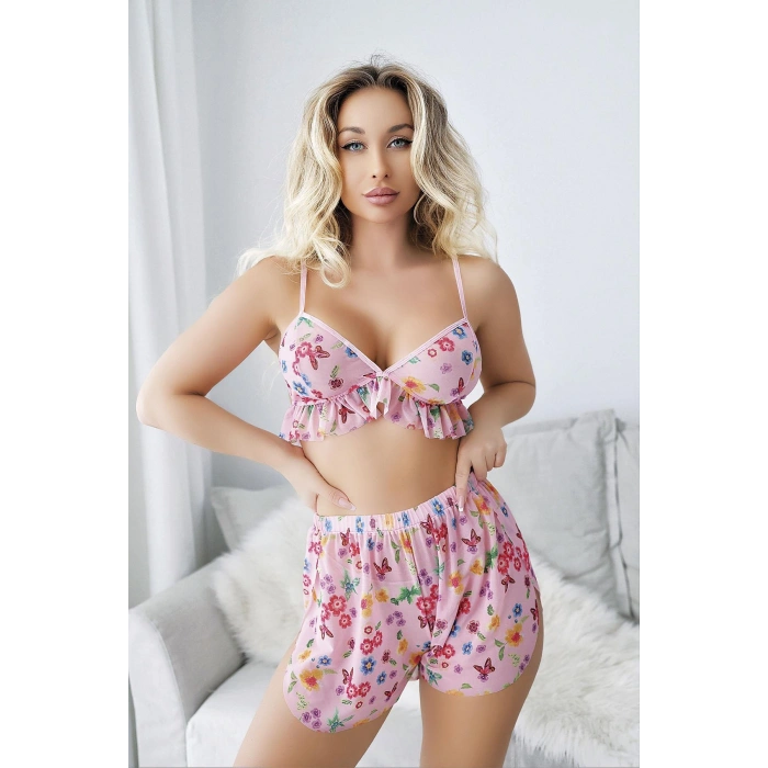MARSiLYAN- Pembe Desenli Fantezi Tül Şortlu Sütyen Takımı