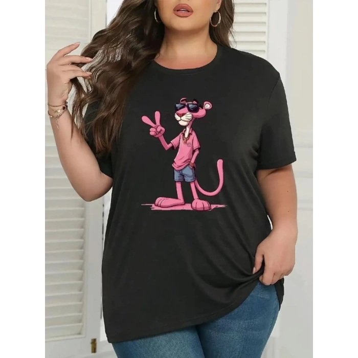 MARSiLYAN- Pembe Panter Baskılı Oversize Bisiklet Yaka T-shirt - Beyaz