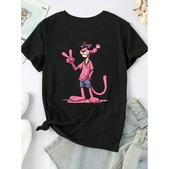 MARSiLYAN- Pembe Panter Baskılı Oversize Bisiklet Yaka T-shirt - Beyaz