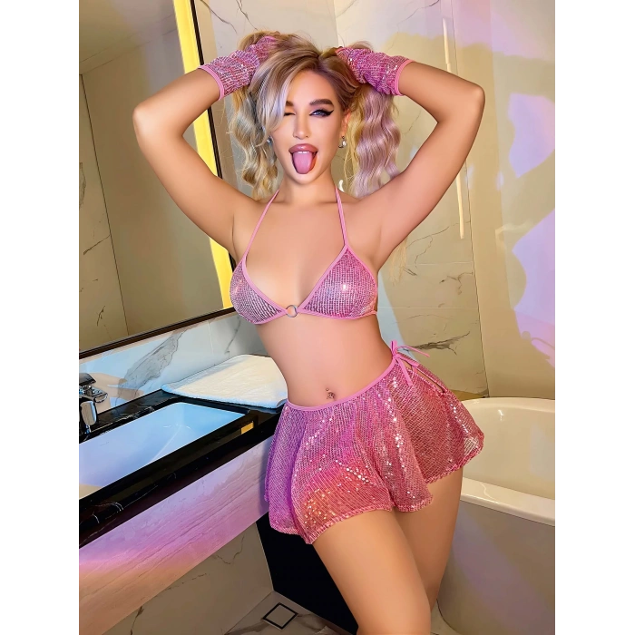 MARSiLYAN-  Pembe Parlak Işıltılı Fantezi Etekli Sütyen Takımı