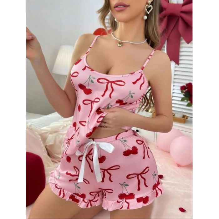MARSiLYAN-  Pembe Üstüne Kiraz Desenli Askılı Şortlu Pijama Takımı