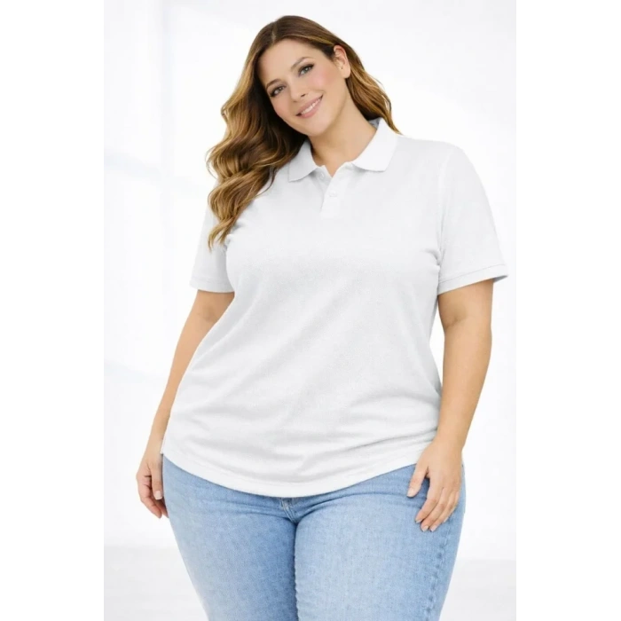 MARSiLYAN- Pike Kumaş Düğmeli Yaka Battal Büyük Beden Günlük Kısa Kol Tişört T-shirt - Beyaz