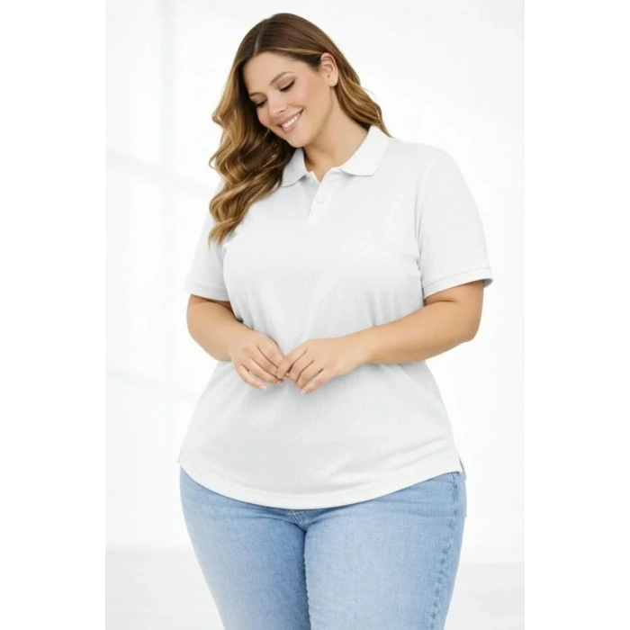 MARSiLYAN- Pike Kumaş Düğmeli Yaka Battal Büyük Beden Günlük Kısa Kol Tişört T-shirt - Beyaz