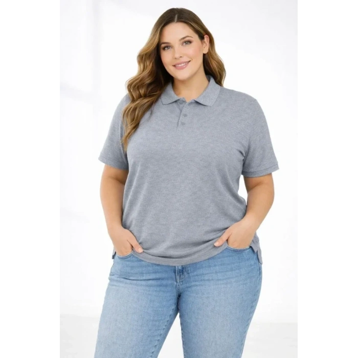 MARSiLYAN- Pike Kumaş Düğmeli Yaka Battal Büyük Beden Günlük Kısa Kol Tişört T-shirt - Gri