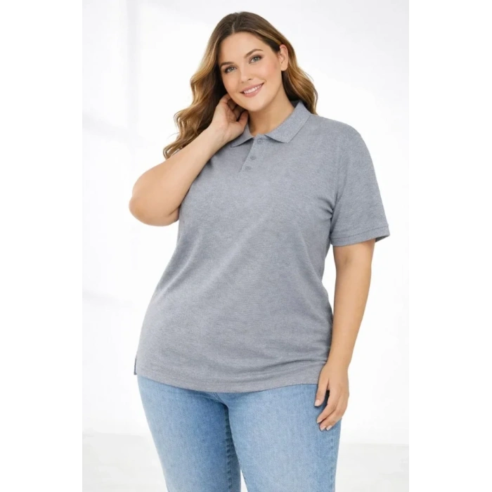 MARSiLYAN- Pike Kumaş Düğmeli Yaka Battal Büyük Beden Günlük Kısa Kol Tişört T-shirt - Gri