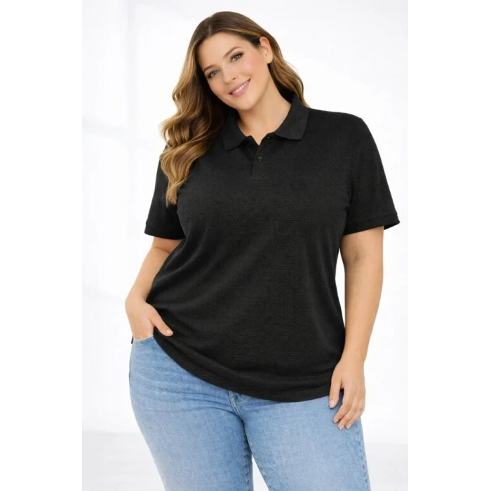 MARSiLYAN- Pike Kumaş Düğmeli Yaka Battal Büyük Beden Günlük Kısa Kol Tişört T-shirt - Siyah