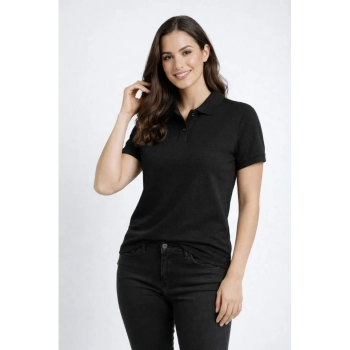 MARSiLYAN- Pike Kumaş Düğmeli Yaka Regular Rahat Günlük Kısa Kol Tişört T-shirt - Siyah