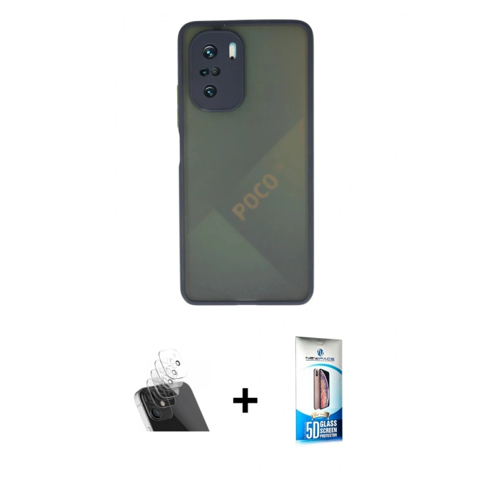 MARSİLYAN™- Poco F3 Kılıf Ahenk Çizgi Serisi - Siyah 5D Eko Cam Ekran Koruyucu + Kamera Lens Koruma Cam - SF