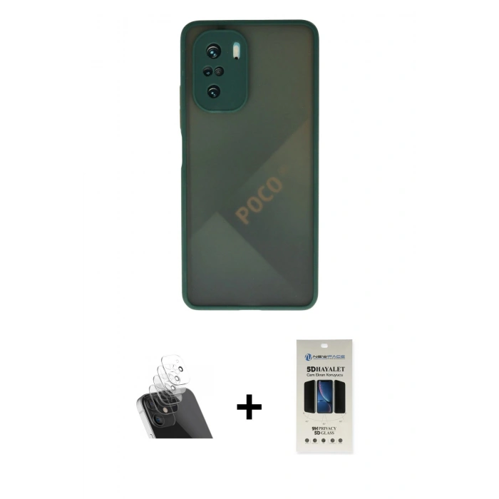 MARSİLYAN™- Poco F3 Kılıf Ahenk Çizgi Serisi - Siyah 5D Hayalet Cam Ekran Koruyucu + Kamera Lens Koruma Cam - SF