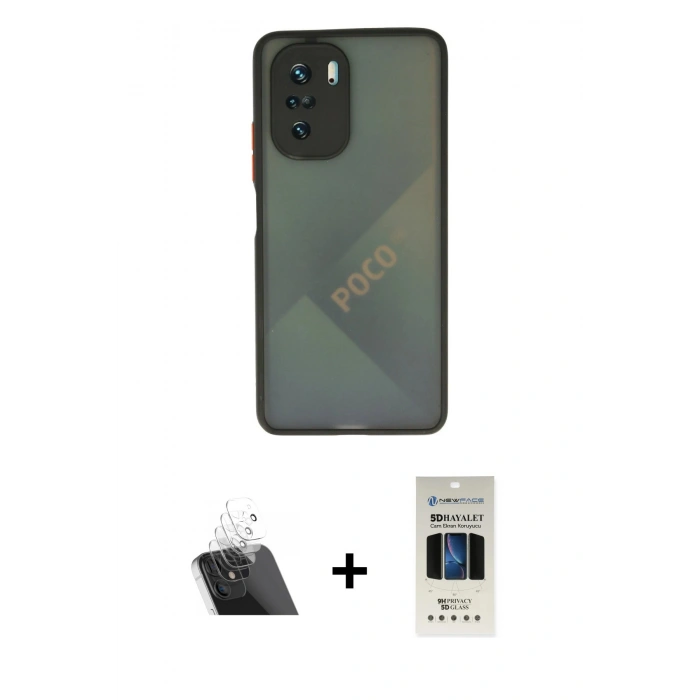 MARSİLYAN™- Poco F3 Kılıf Ahenk Çizgi Serisi - Siyah 5D Hayalet Cam Ekran Koruyucu + Kamera Lens Koruma Cam - SF