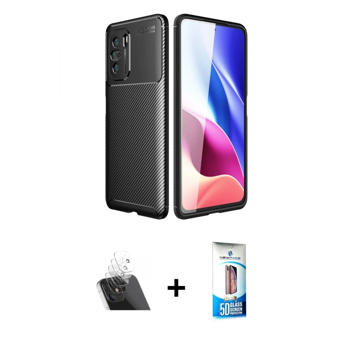 MARSİLYAN™- Poco F3 Kılıf Eksen Form Prime - Siyah 5D Eko Cam Ekran Koruyucu + Kamera Lens Koruma Cam - SF