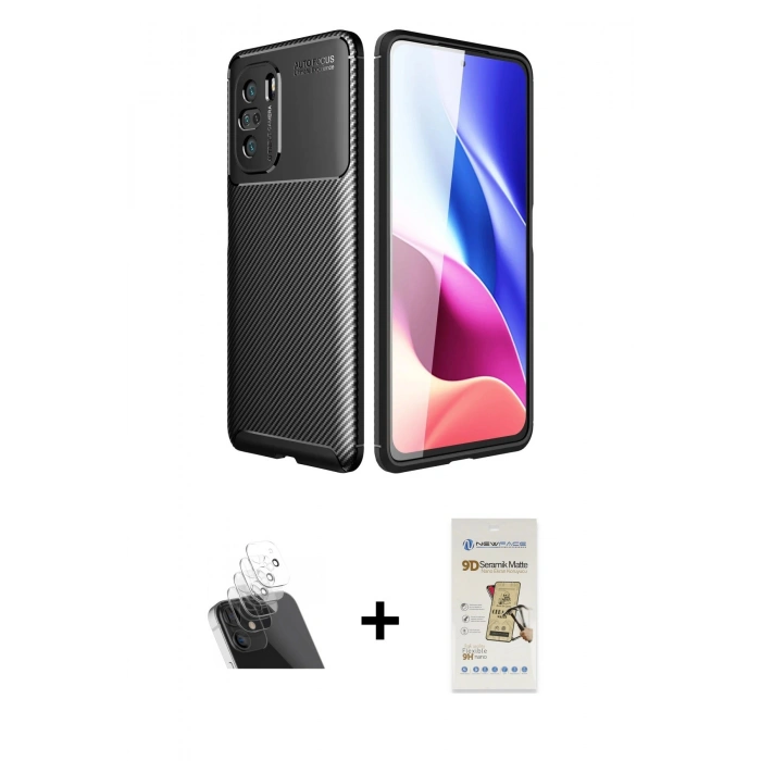 MARSİLYAN™- Poco F3 Kılıf Eksen Form Prime - Siyah Mat Seramik Nano Ekran Koruyucu + Kamera Lens Koruma Cam - SF