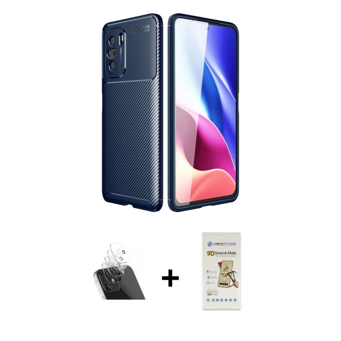 MARSİLYAN™- Poco F3 Kılıf Eksen Form Prime - Siyah Mat Seramik Nano Ekran Koruyucu + Kamera Lens Koruma Cam - SF