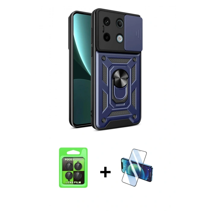MARSİLYAN™- Poco X6 Pro Kılıf Ahenk Klasik - Siyah 3D Antistatik Cam Ekran Koruyucu + Raze Metal Kamera Lens - SH