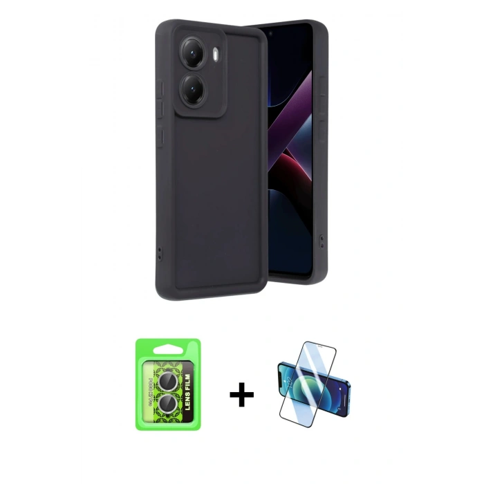 MARSİLYAN™- Poco X7 Pro Kılıf Yankı Yansıma Özel Seri - Siyah 3D Antistatik Cam Ekran Koruyucu + Gümüş Raze Metal Kamera Lens