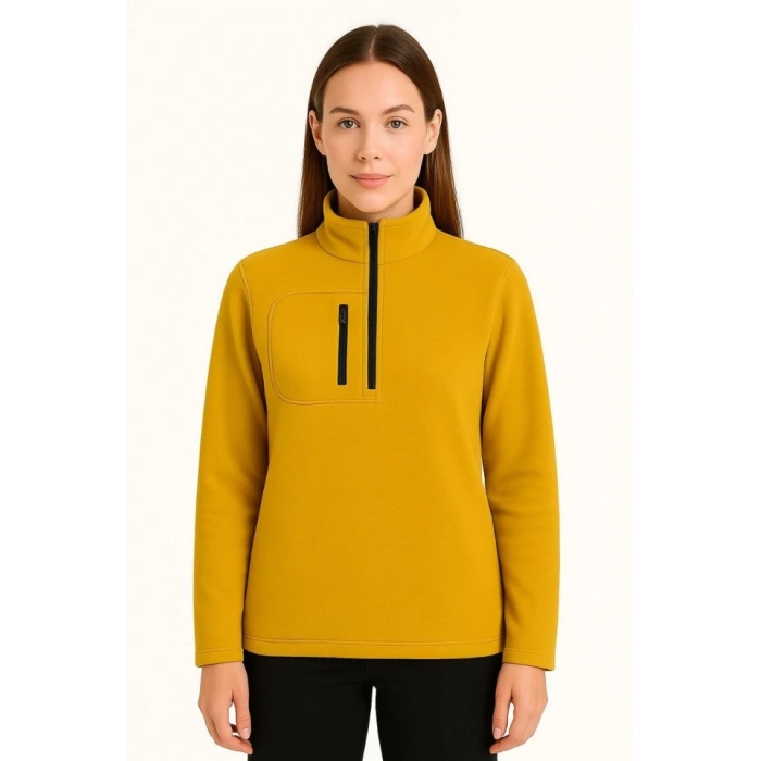 MARSiLYAN- Polar Kazak – Dik Yaka, Yarım Fermuarlı, Fermuarlı Göğüs Cepli, Siyah Biyeli, Kışlık Rahat Regular Fit Günlük Model - Sarı