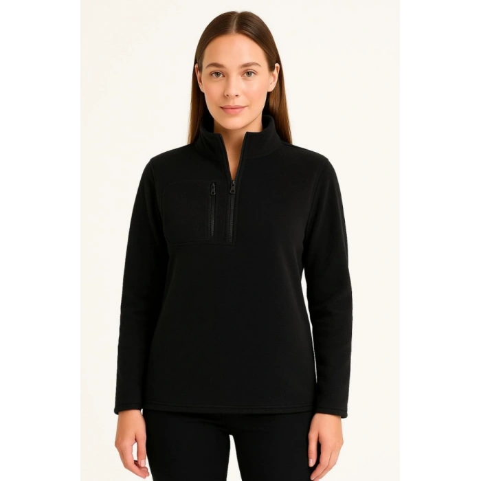 MARSiLYAN- Polar Kazak – Dik Yaka, Yarım Fermuarlı, Fermuarlı Göğüs Cepli, Siyah Biyeli, Kışlık Rahat Regular Fit Günlük Model - Siyah