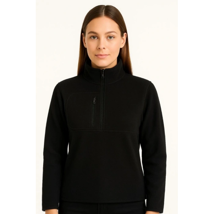 MARSiLYAN- Polar Kazak – Dik Yaka, Yarım Fermuarlı, Fermuarlı Göğüs Cepli, Siyah Biyeli, Kışlık Rahat Regular Fit Günlük Model - Siyah