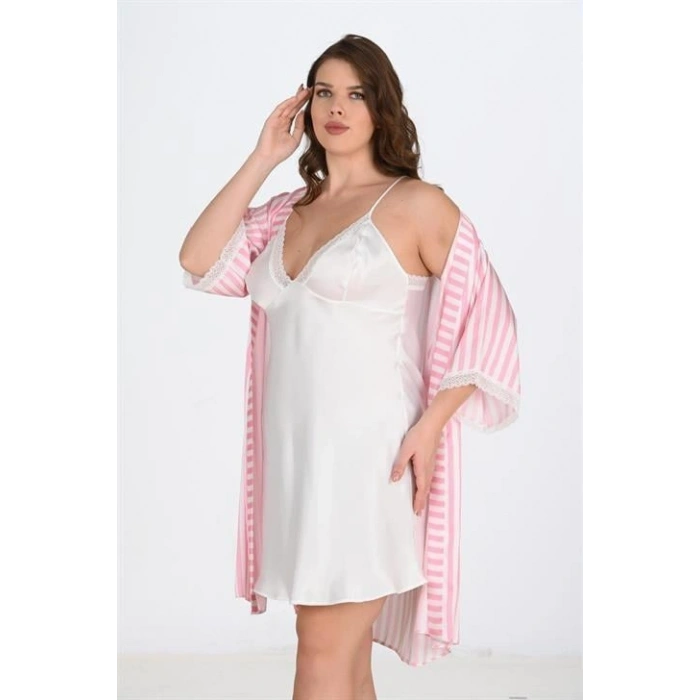 MARSiLYAN-  Premium Büyük Beden Saten Dantel İşlemeli Beyaz-Pembe 2li Gecelik Sabahlık Takımı Bigsize