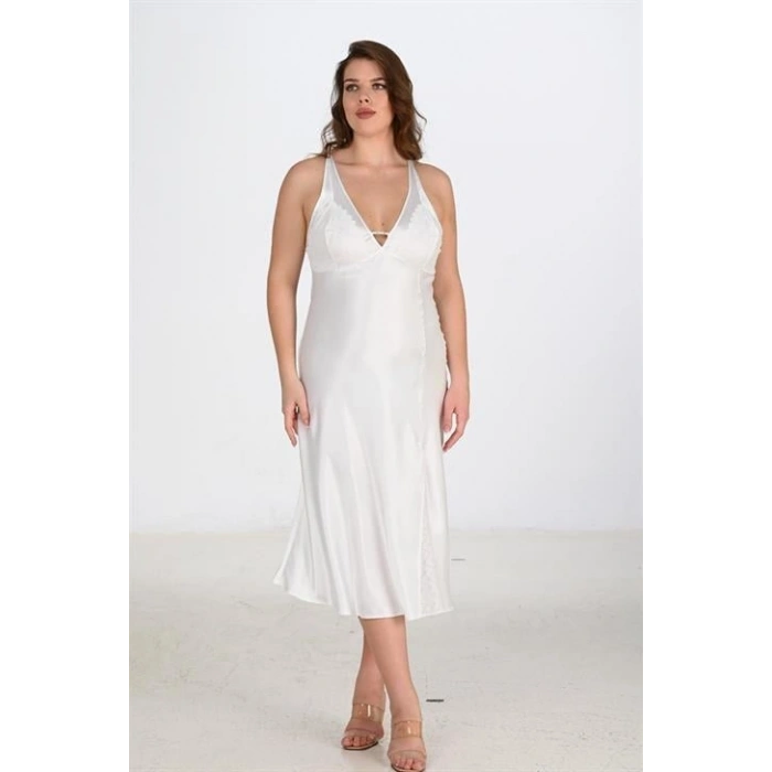 MARSiLYAN-  Premium Büyük Beden Saten Dantel İşlemeli Ekru Uzun Yırtmaçlı 2li Gecelik Sabahlık Takımı Bigsize