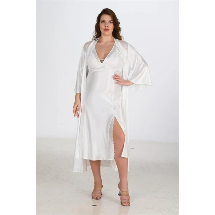 MARSiLYAN-  Premium Büyük Beden Saten Dantel İşlemeli Ekru Uzun Yırtmaçlı 2li Gecelik Sabahlık Takımı Bigsize