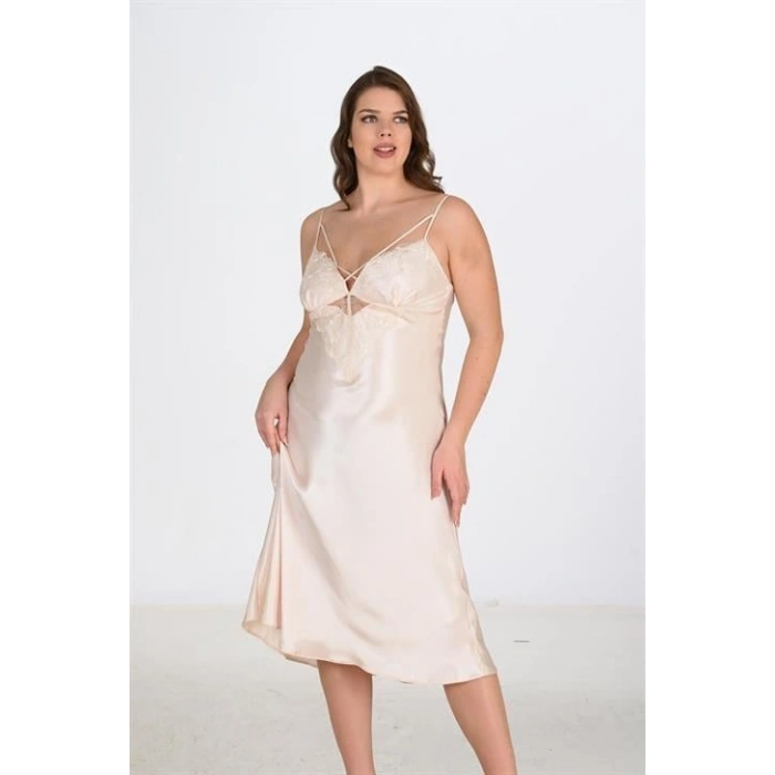 MARSiLYAN-  Premium Büyük Beden Saten Dantel İşlemeli Fil Dişi Uzun 2li Gecelik Sabahlık Takımı Bigsize