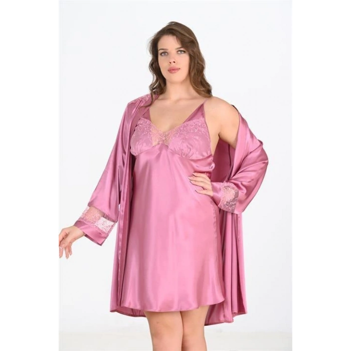 MARSiLYAN-  Premium Büyük Beden Saten Dantel İşlemeli Gül Kurusu 2li Gecelik Sabahlık Takımı Bigsize