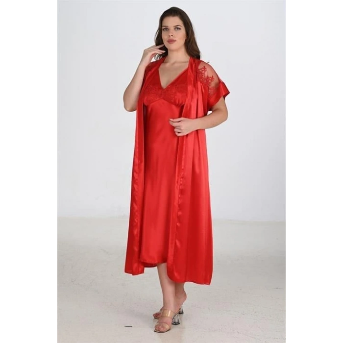 MARSiLYAN-  Premium Büyük Beden Saten Dantel İşlemeli Kırmızı 2li Gecelik Sabahlık Takımı Bigsize