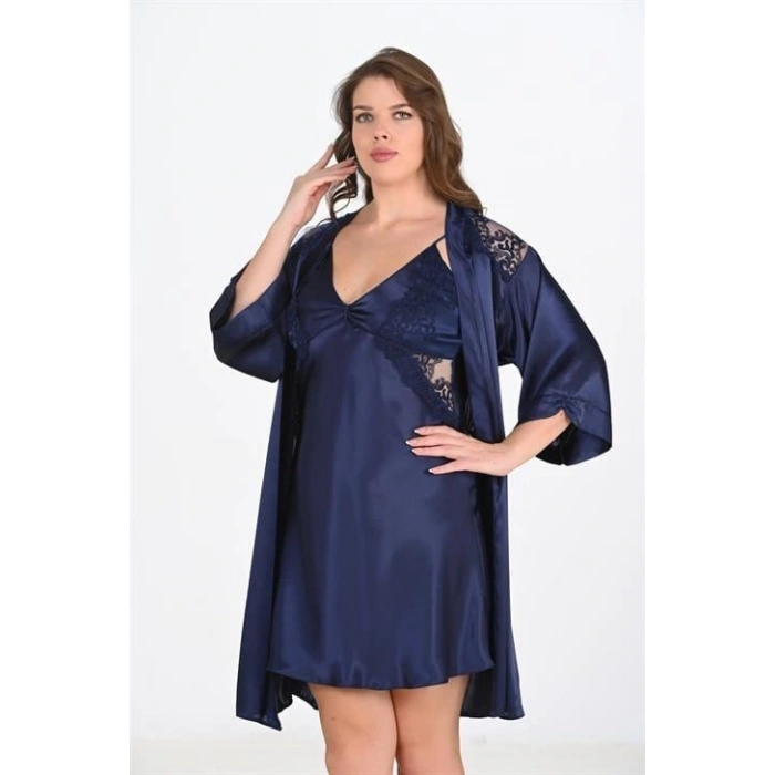 MARSiLYAN-  Premium Büyük Beden Saten Dantel İşlemeli Lacivert 2li Gecelik Sabahlık Takımı Bigsize