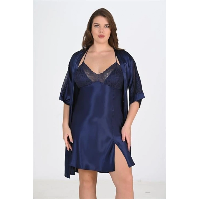 MARSiLYAN-  Premium Büyük Beden Saten Dantel İşlemeli Lacivert 2li Gecelik Sabahlık Takımı Bigsize