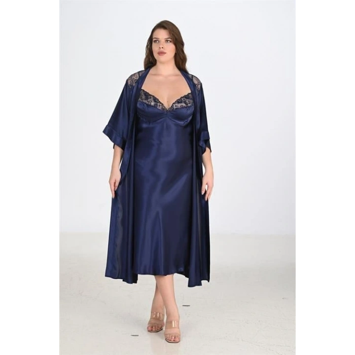 MARSiLYAN-  Premium Büyük Beden Saten Dantel İşlemeli Lacivert Uzun 2li Gecelik Sabahlık Takımı Bigsize