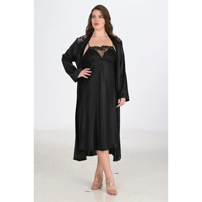 MARSiLYAN-  Premium Büyük Beden Saten Dantel İşlemeli Siyah 2li Gecelik Sabahlık Takımı Bigsize