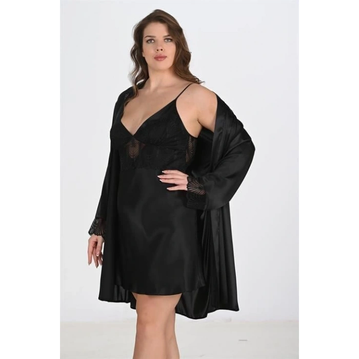 MARSiLYAN-  Premium Büyük Beden Saten Dantel İşlemeli Siyah 2li Gecelik Sabahlık Takımı Bigsize