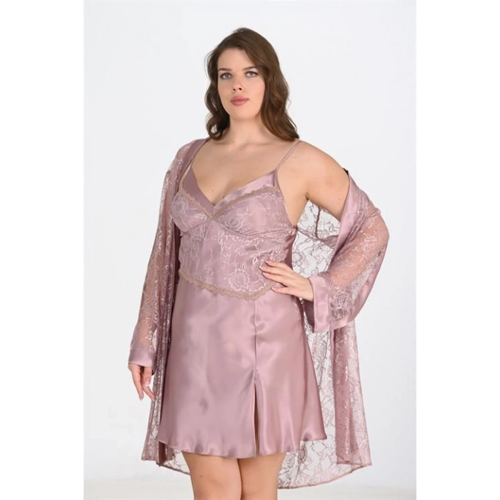 MARSiLYAN-  Premium Büyük Beden Saten Dantel İşlemeli Vizon 2li Gecelik Sabahlık Takımı Bigsize