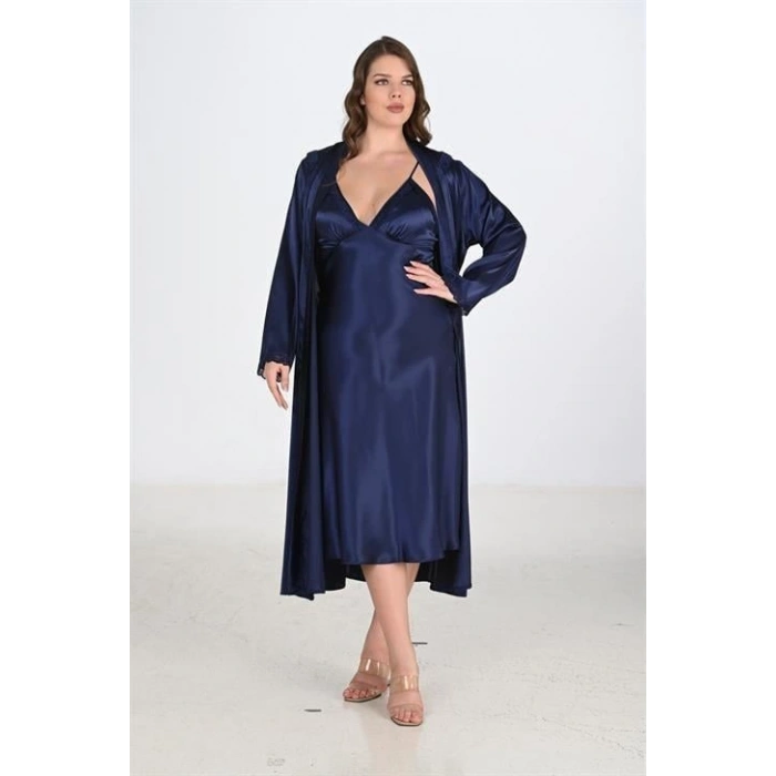 MARSiLYAN-  Premium Büyük Beden Saten Lacivert Uzun 2li Gecelik Sabahlık Takımı Bigsize