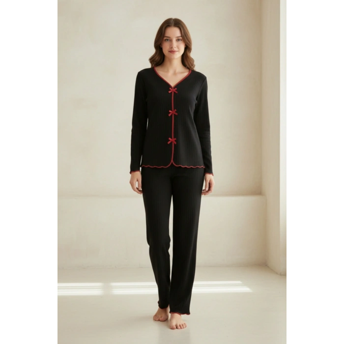 MARSiLYAN- Premium Kadın 4’lü Fitilli Set – Siyah Kırmızı Biyeli (Pijama Üst, Pantolon, Bikini Takımı)