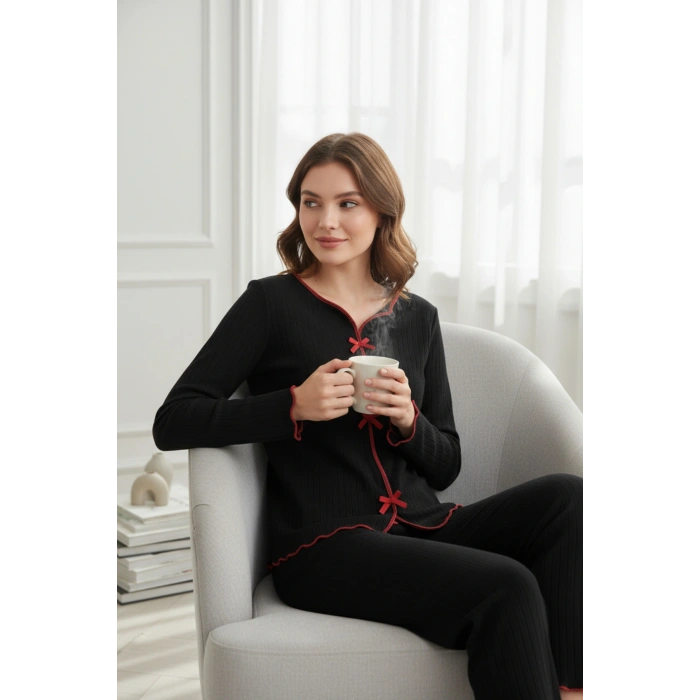 MARSiLYAN- Premium Kadın 4’lü Fitilli Set – Siyah Kırmızı Biyeli (Pijama Üst, Pantolon, Bikini Takımı)