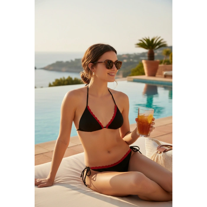 MARSiLYAN- Premium Kadın 4’lü Fitilli Set – Siyah Kırmızı Biyeli (Pijama Üst, Pantolon, Bikini Takımı)