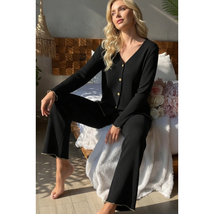 MARSiLYAN- Premium Kadın Fitilli Pijama Takımı – Siyah Gold Biye Detaylı, Yumuşak Dokulu Ev Şıklığı