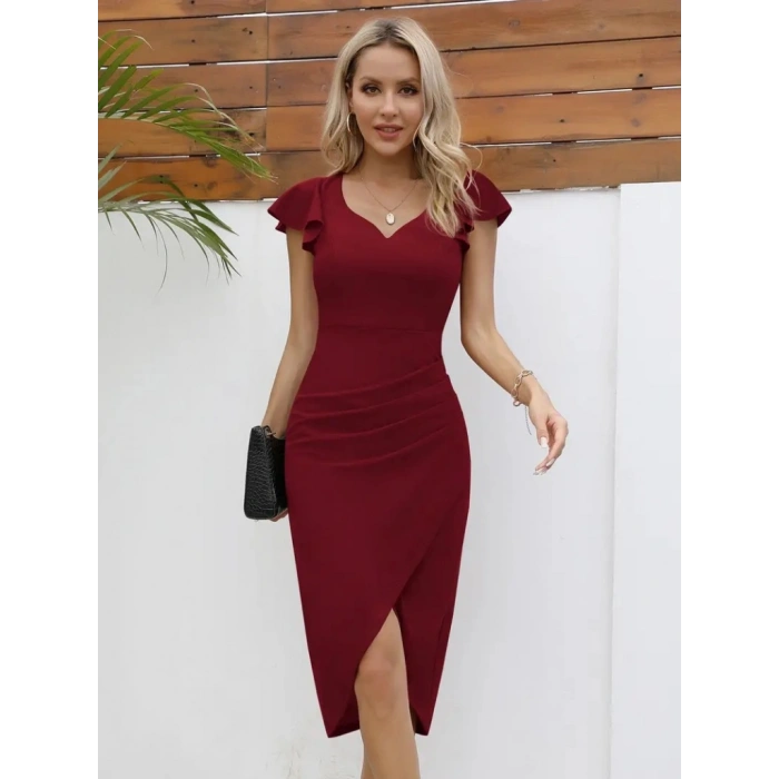 MARSiLYAN- QKadın Kısa Kollu Kalp Yaka Yanlardan Büzgü Detay Midi Janjan Krep Elbise
