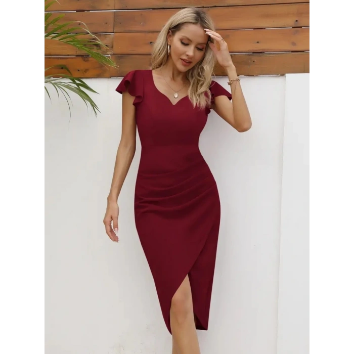 MARSiLYAN- QKadın Kısa Kollu Kalp Yaka Yanlardan Büzgü Detay Midi Janjan Krep Elbise