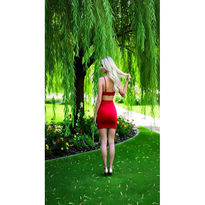 MARSiLYAN-  Red Ruffle Desire Dekolteli Fırfırlı Kırmızı Mini Elbise