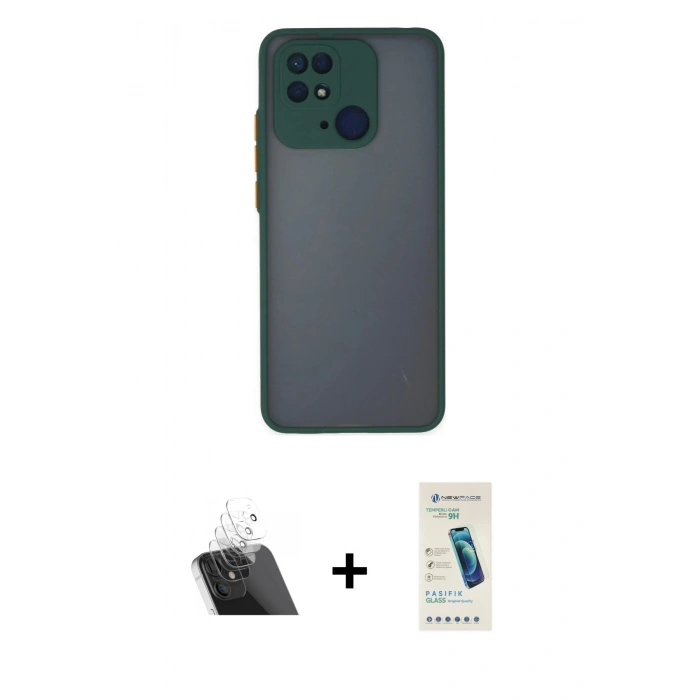 MARSİLYAN™- Redmi 10C Kılıf Ahenk Çizgi Serisi - Şeffaf Pasifik Cam Ekran Koruyucu + Kamera Lens Koruma Cam - SF