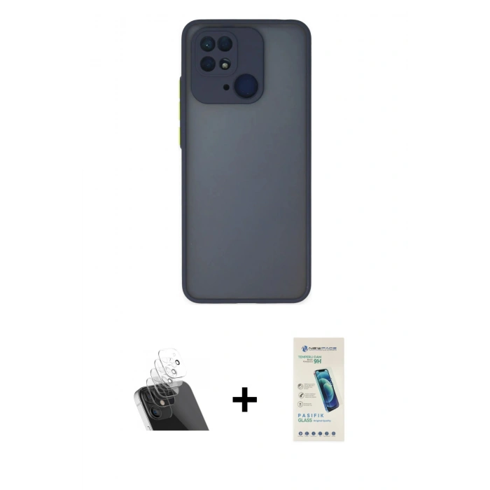 MARSİLYAN™- Redmi 10C Kılıf Ahenk Çizgi Serisi - Şeffaf Pasifik Cam Ekran Koruyucu + Kamera Lens Koruma Cam - SF