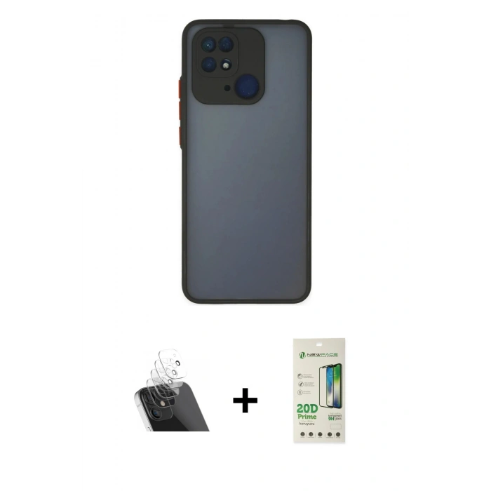 MARSİLYAN™- Redmi 10C Kılıf Ahenk Çizgi Serisi - Siyah 20D Premium Cam Ekran Koruyucu + Kamera Lens Koruma Cam - SF
